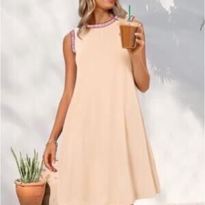 NWT Merokeety tan red sleeveless knee length casual shift beach dress sz M
 b51